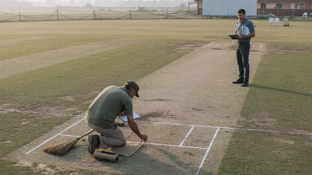 Coach reviewing pitch notes beside a practice net