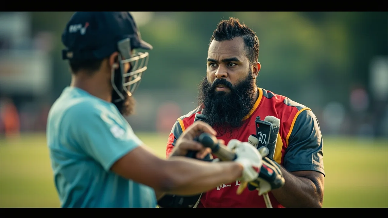 Cricket team discussing tactics near the field during a match