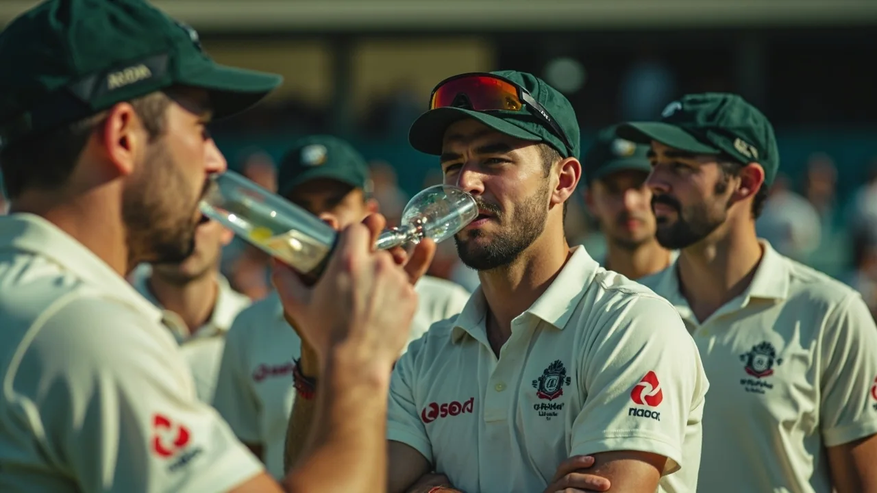 England Test team in tactical discussion on the field with coach and captain reviewing placement